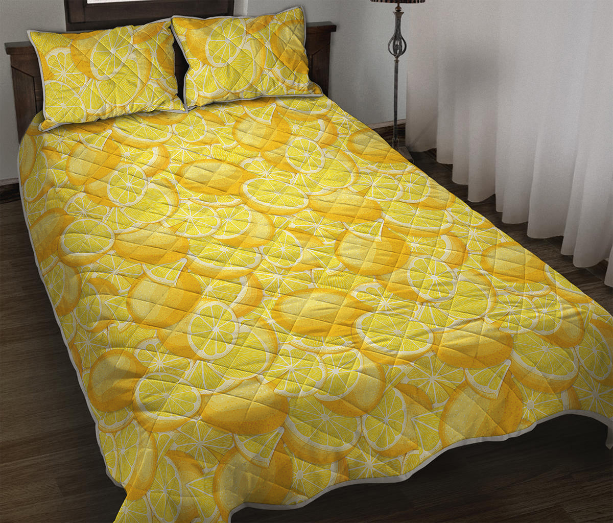 Yellow Lemon Pattern Print Quilt Bed Set