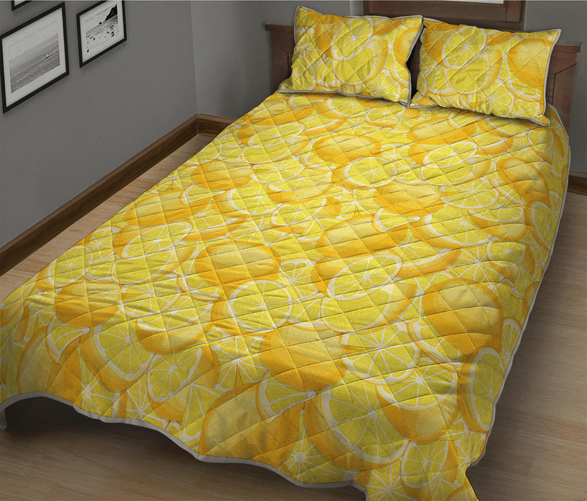 Yellow Lemon Pattern Print Quilt Bed Set