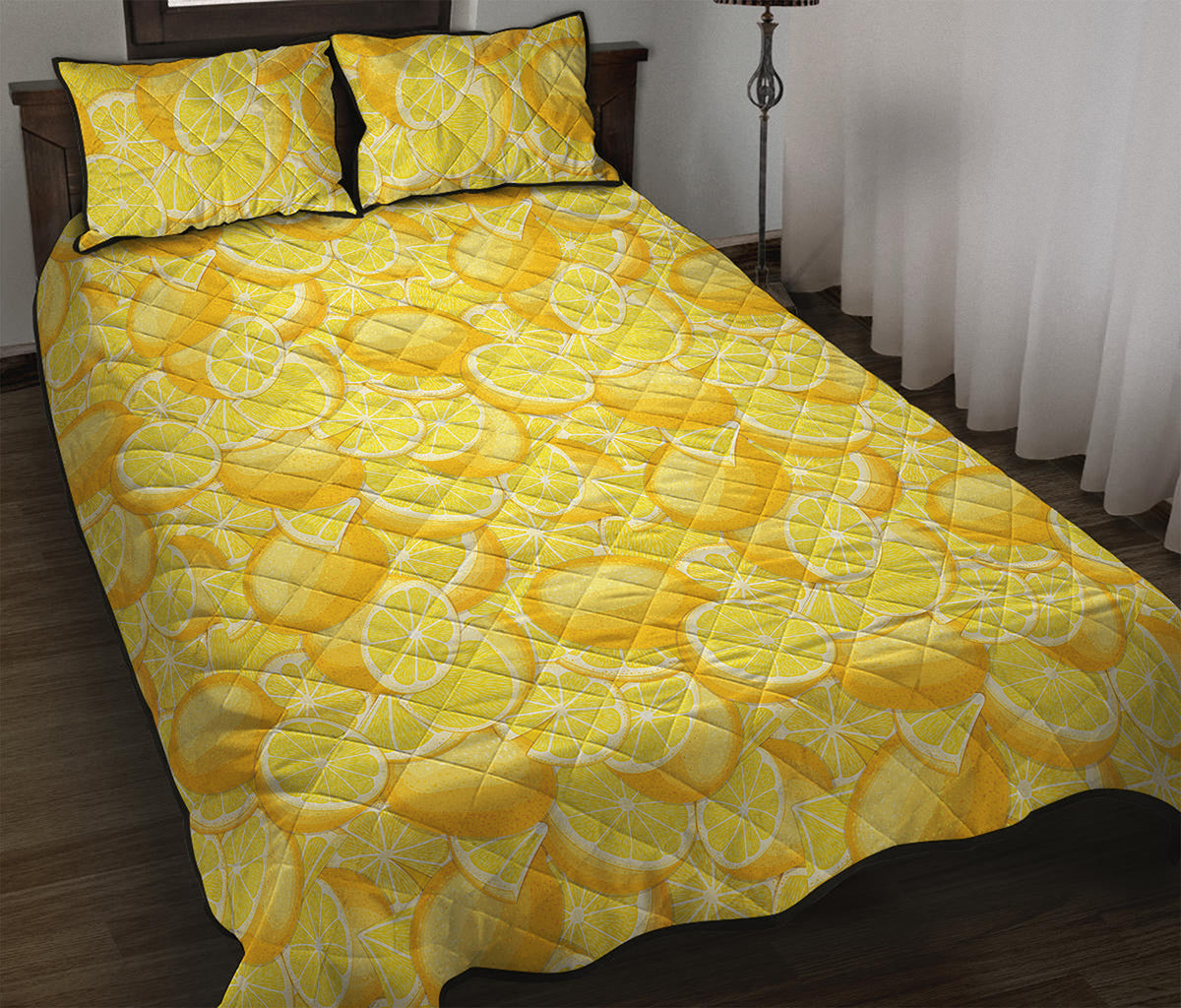 Yellow Lemon Pattern Print Quilt Bed Set