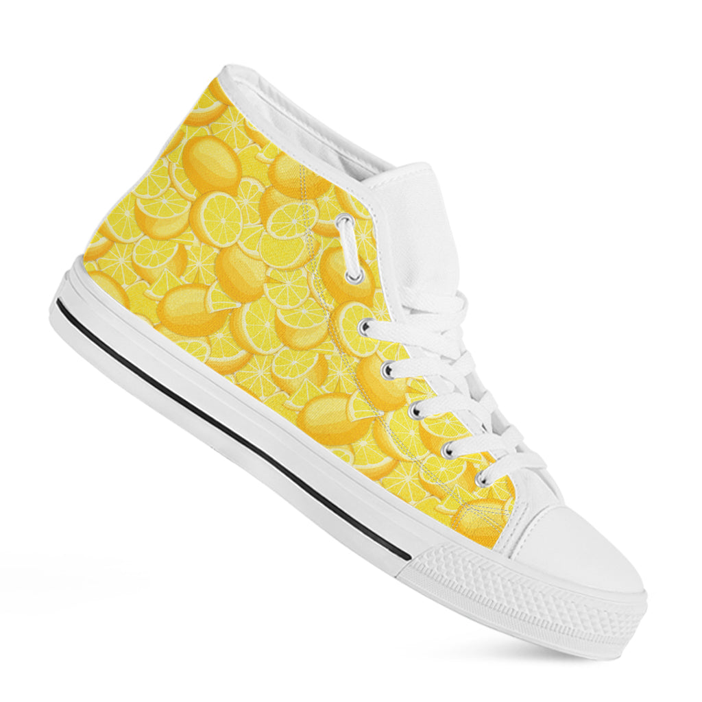 Yellow Lemon Pattern Print White High Top Shoes