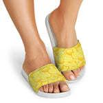 Yellow Lemon Pattern Print White Slide Sandals