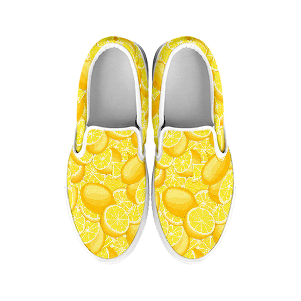 Yellow Lemon Pattern Print White Slip On Shoes