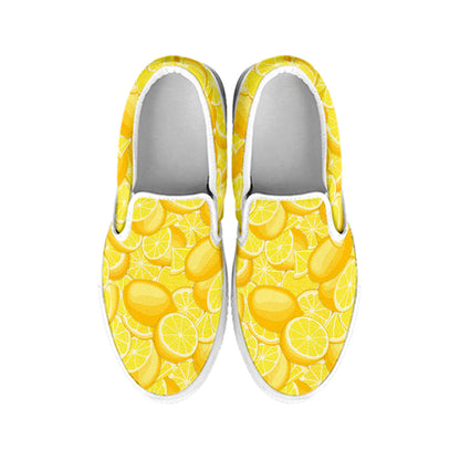 Yellow Lemon Pattern Print White Slip On Shoes
