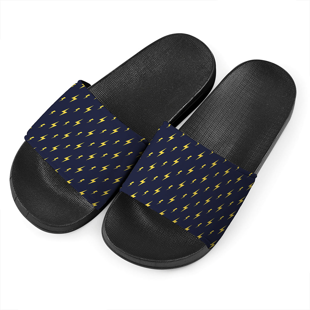 Yellow Lightning Bolts Pattern Print Black Slide Sandals