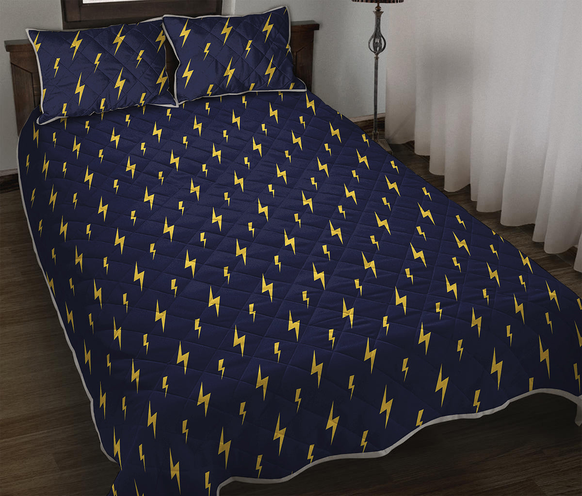 Yellow Lightning Bolts Pattern Print Quilt Bed Set