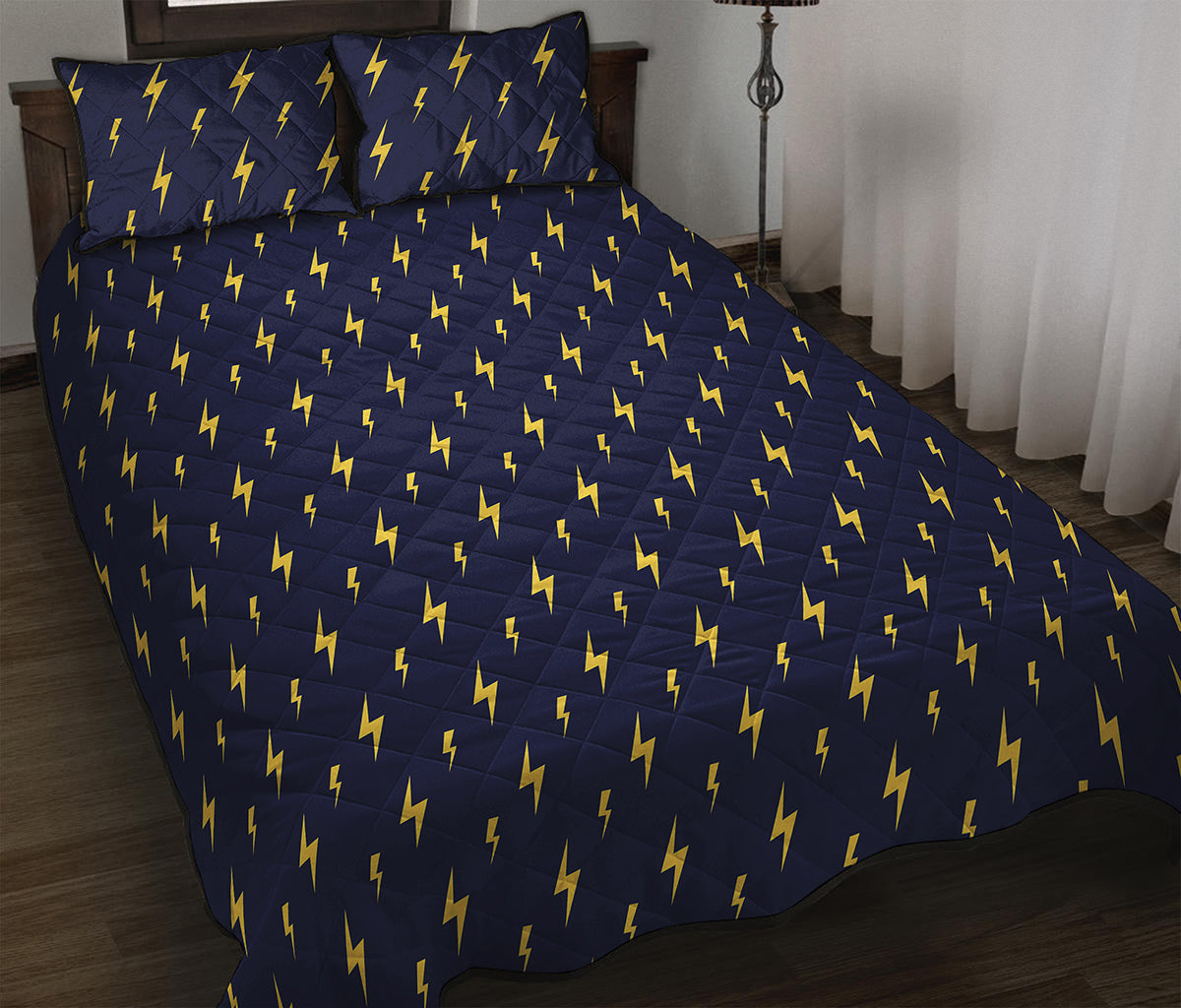 Yellow Lightning Bolts Pattern Print Quilt Bed Set