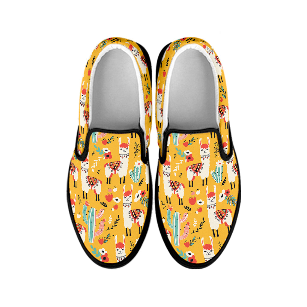 Yellow Llama Pattern Print Black Slip On Shoes