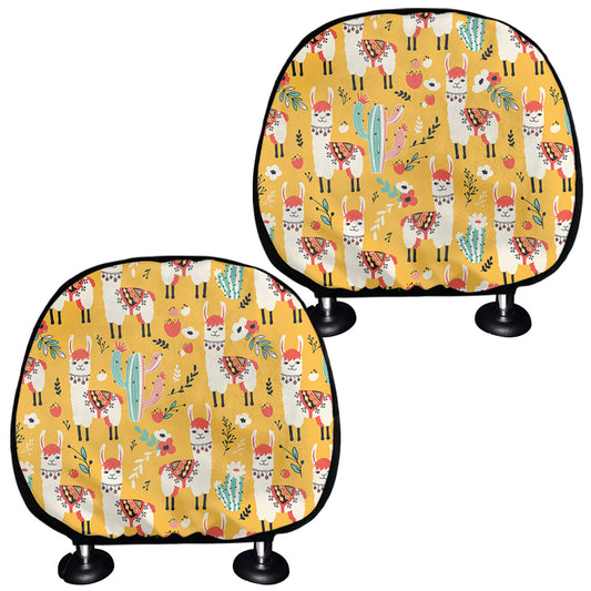 Yellow Llama Pattern Print Car Headrest Covers
