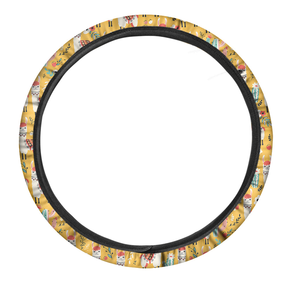 Yellow Llama Pattern Print Car Steering Wheel Cover
