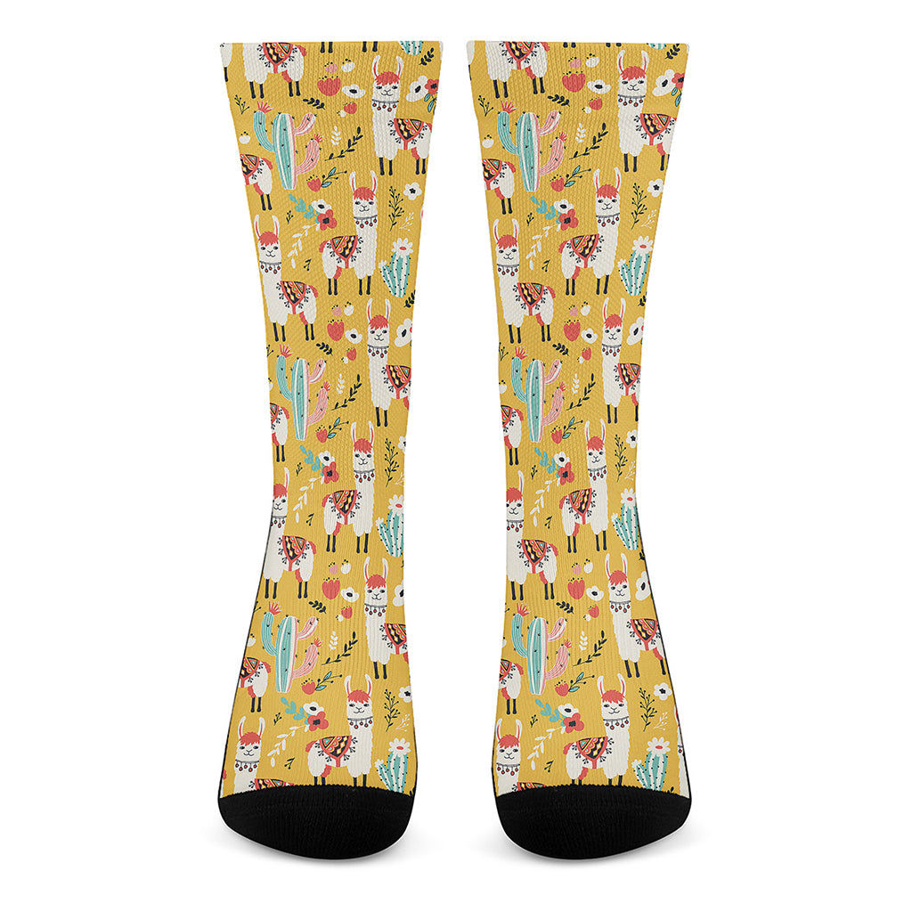 Yellow Llama Pattern Print Crew Socks