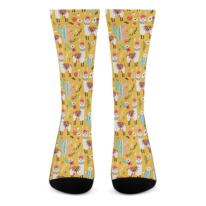 Yellow Llama Pattern Print Crew Socks