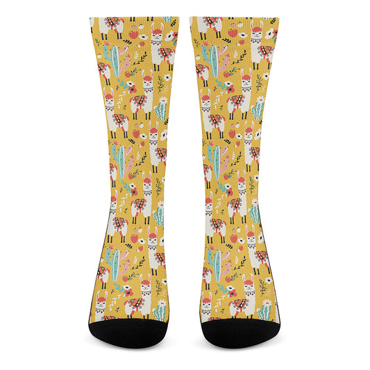 Yellow Llama Pattern Print Crew Socks
