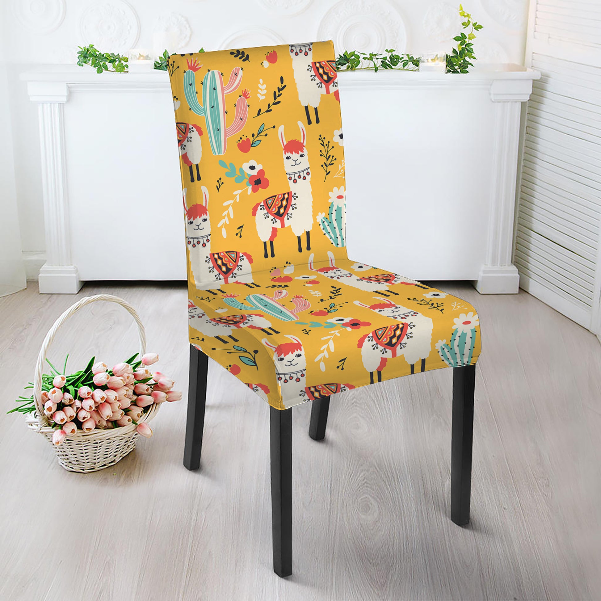 Yellow Llama Pattern Print Dining Chair Slipcover