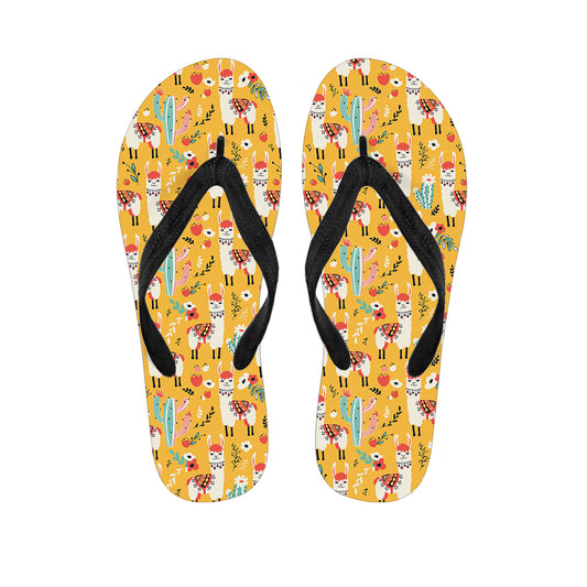 Yellow Llama Pattern Print Flip Flops