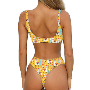 Yellow Llama Pattern Print Front Bow Tie Bikini