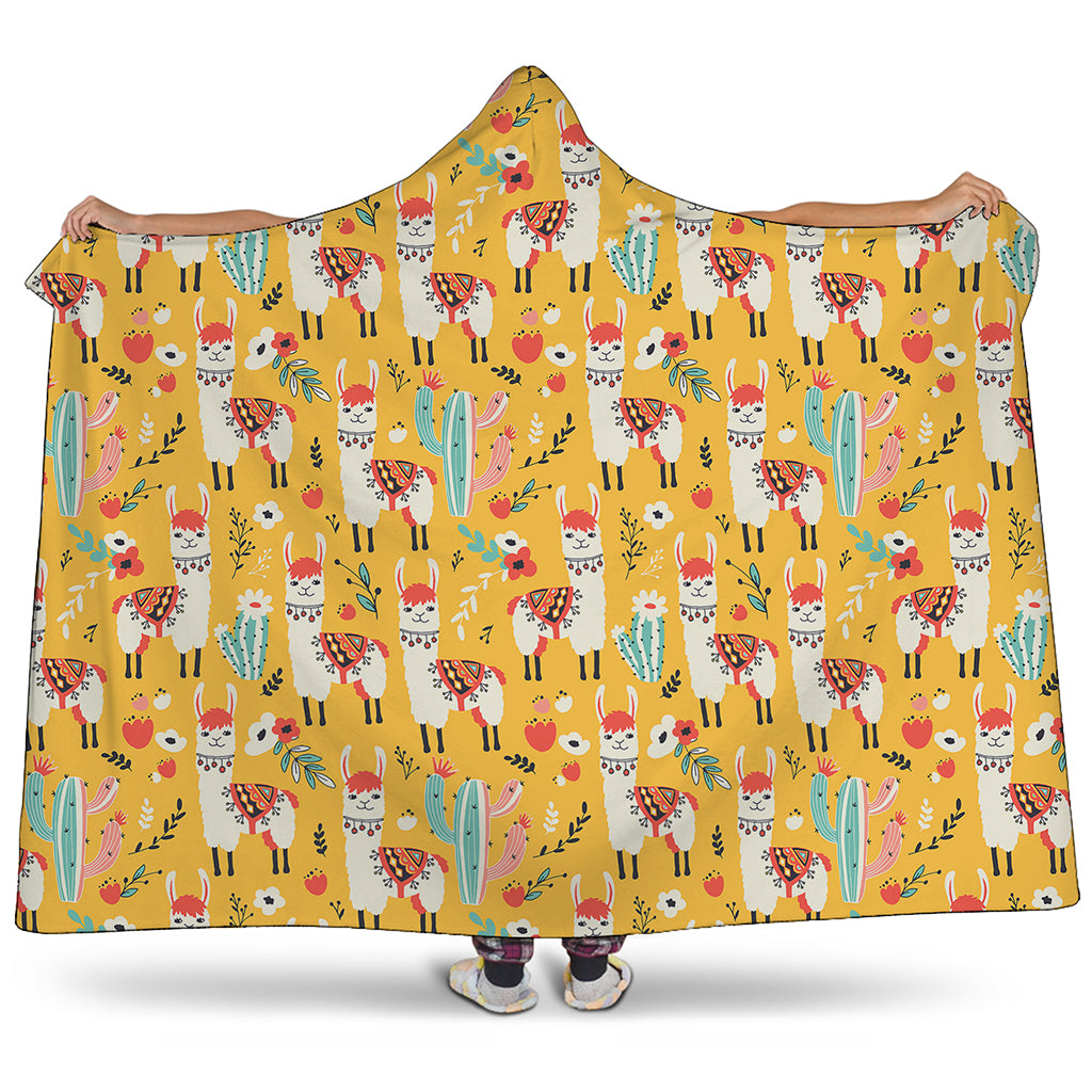 Yellow Llama Pattern Print Hooded Blanket