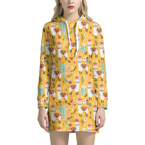 Yellow Llama Pattern Print Hoodie Dress