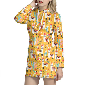 Yellow Llama Pattern Print Hoodie Dress