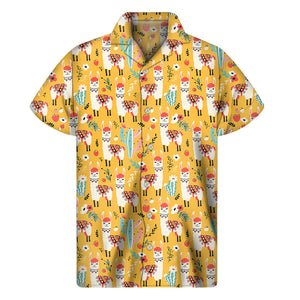 Yellow Llama Pattern Print Men's Short Sleeve Shirt