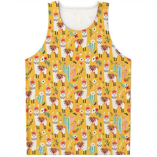 Yellow Llama Pattern Print Men's Tank Top