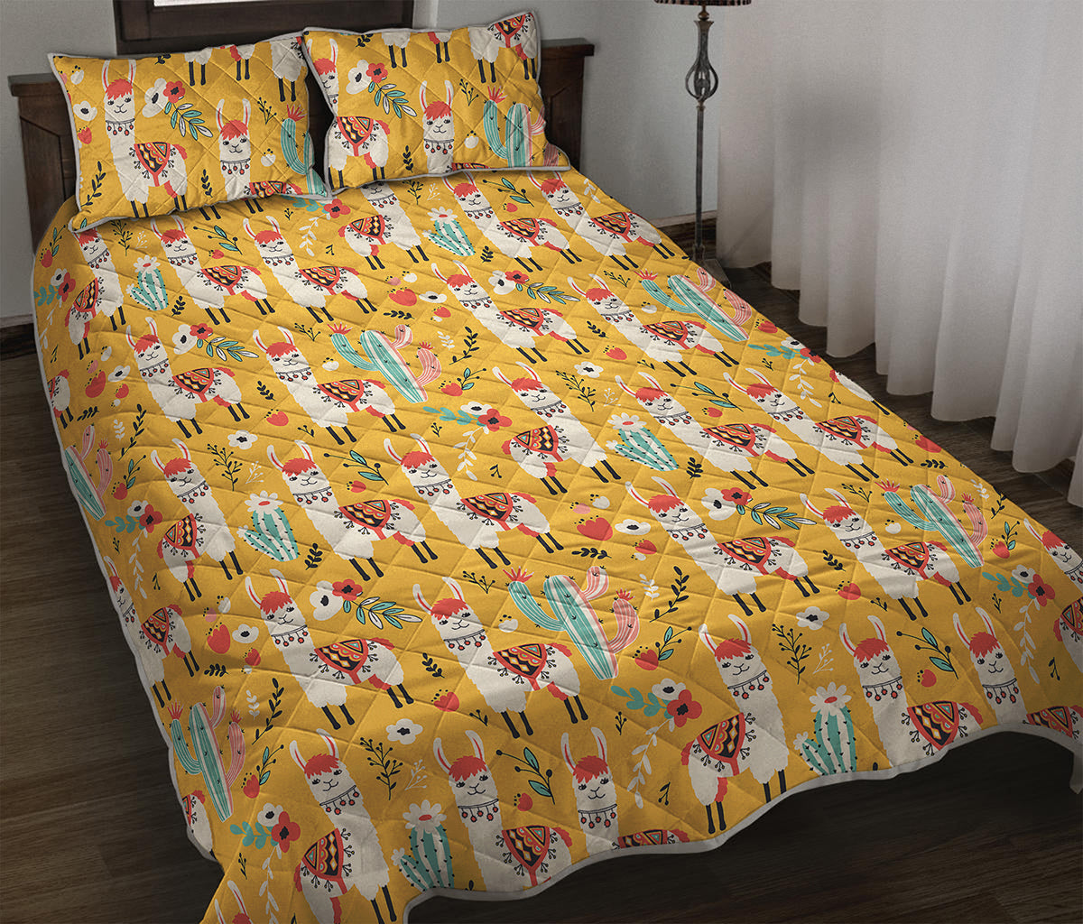 Yellow Llama Pattern Print Quilt Bed Set