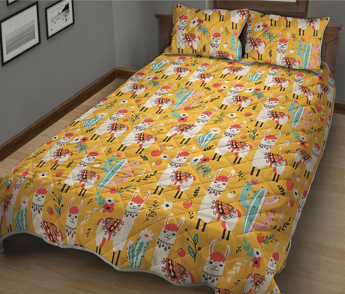 Yellow Llama Pattern Print Quilt Bed Set