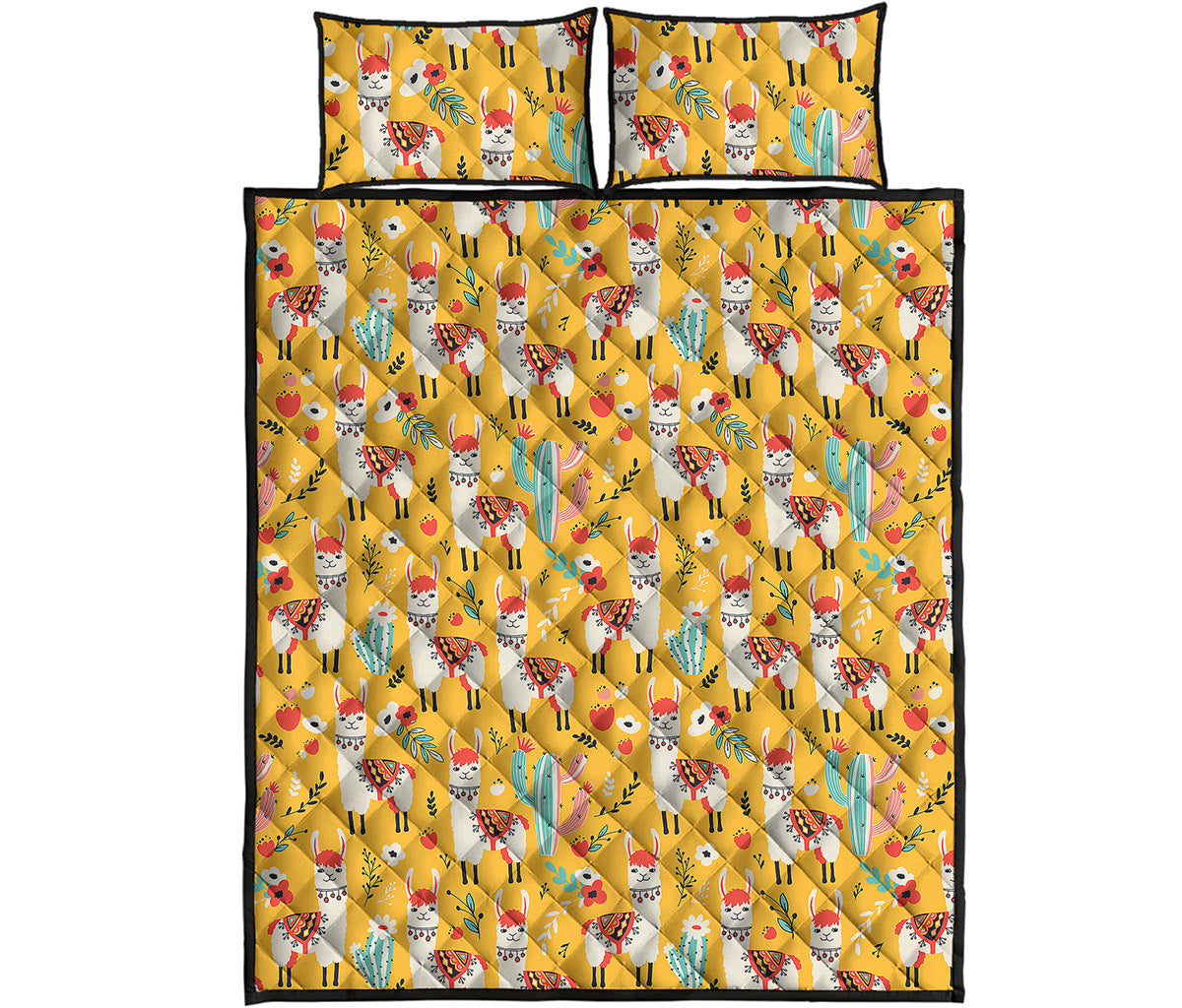 Yellow Llama Pattern Print Quilt Bed Set