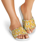 Yellow Llama Pattern Print White Slide Sandals