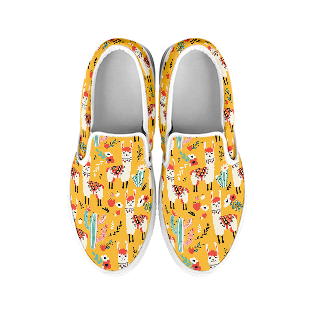 Yellow Llama Pattern Print White Slip On Shoes