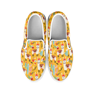 Yellow Llama Pattern Print White Slip On Shoes