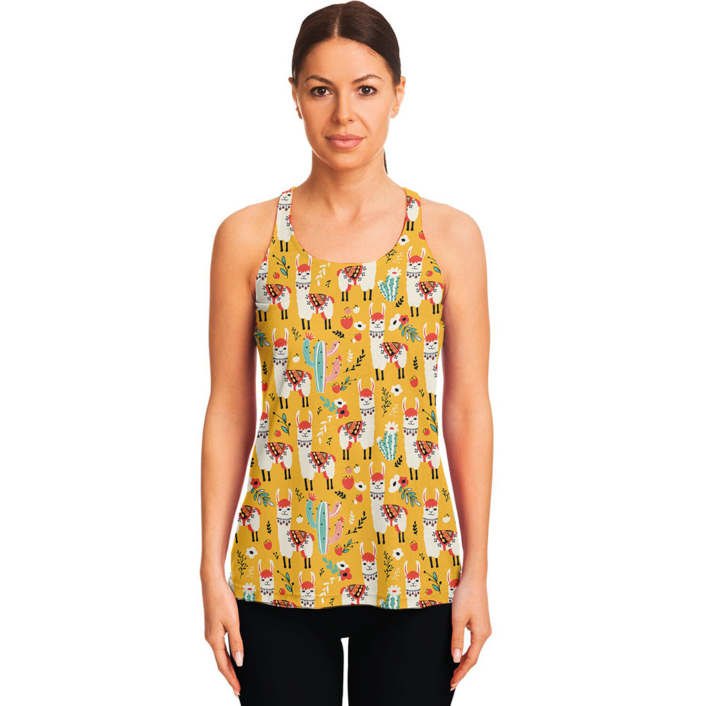 Yellow Llama Pattern Print Women's Racerback Tank Top