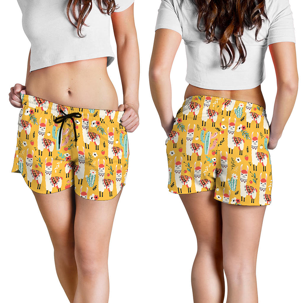 Yellow Llama Pattern Print Women's Shorts