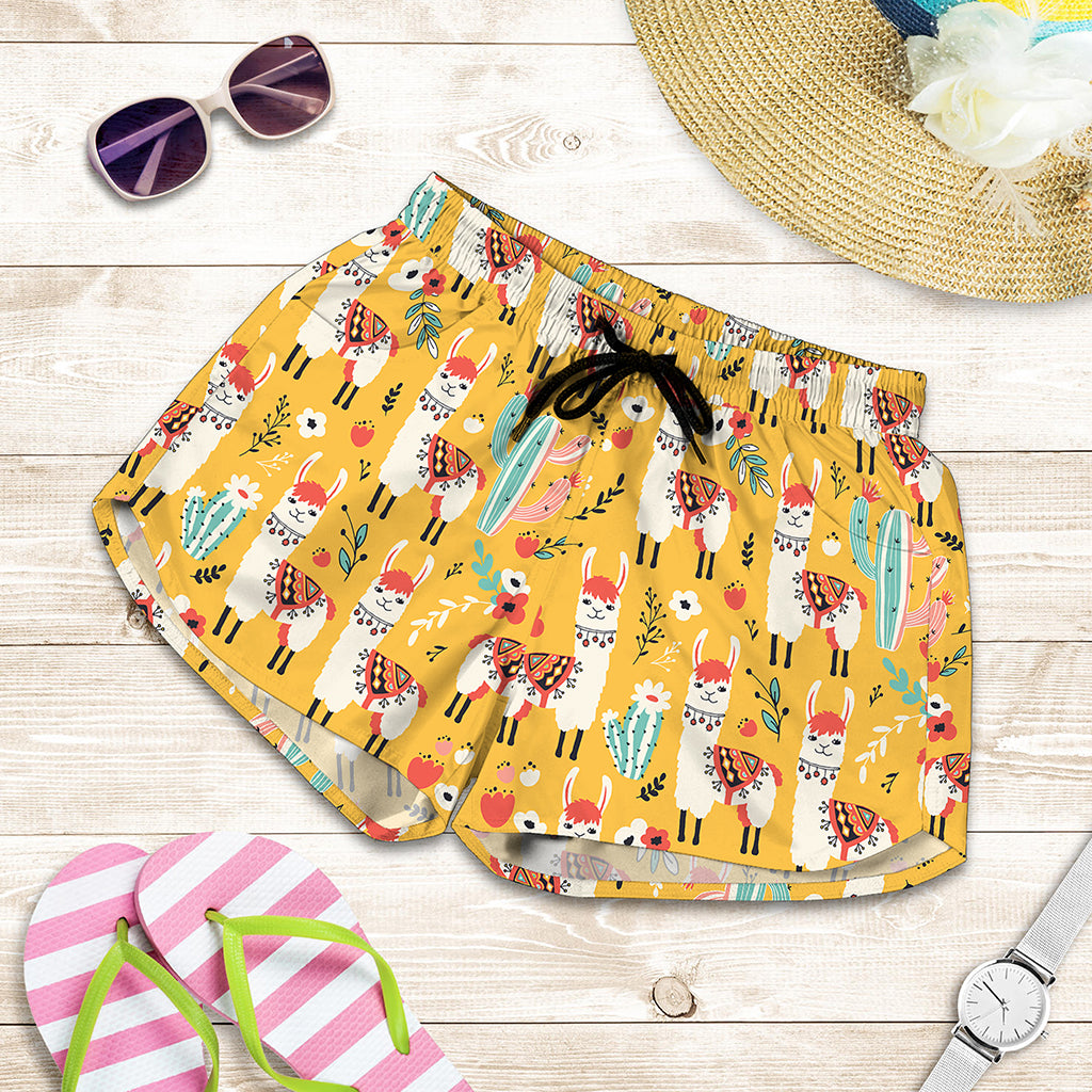 Yellow Llama Pattern Print Women's Shorts