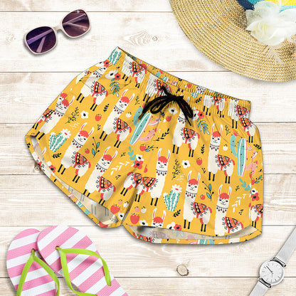 Yellow Llama Pattern Print Women's Shorts