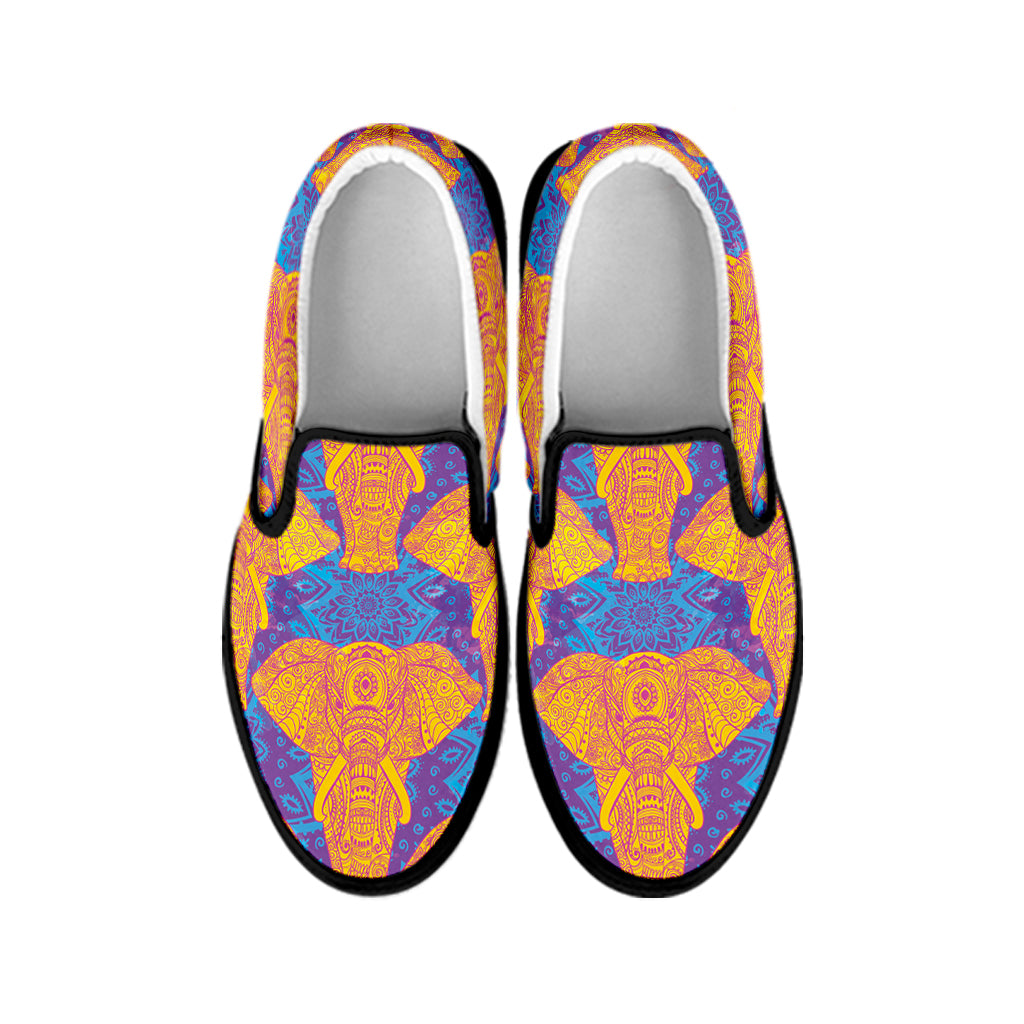 Yellow Mandala Elephant Pattern Print Black Slip On Shoes