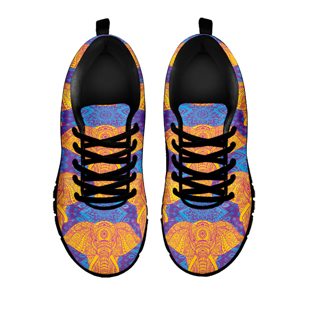 Yellow Mandala Elephant Pattern Print Black Sneakers