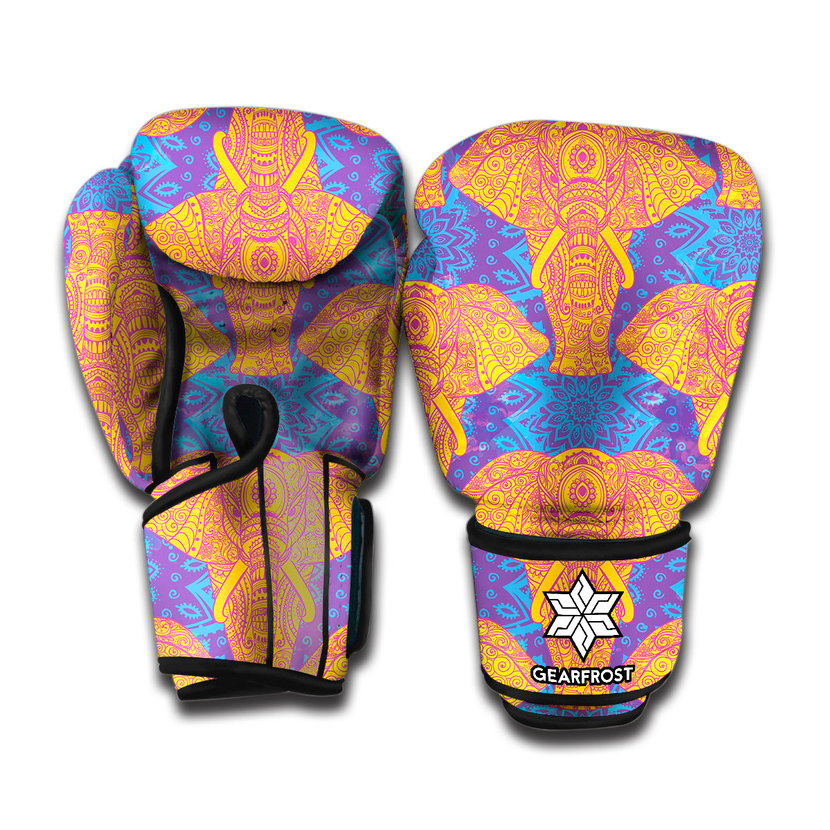Yellow Mandala Elephant Pattern Print Boxing Gloves