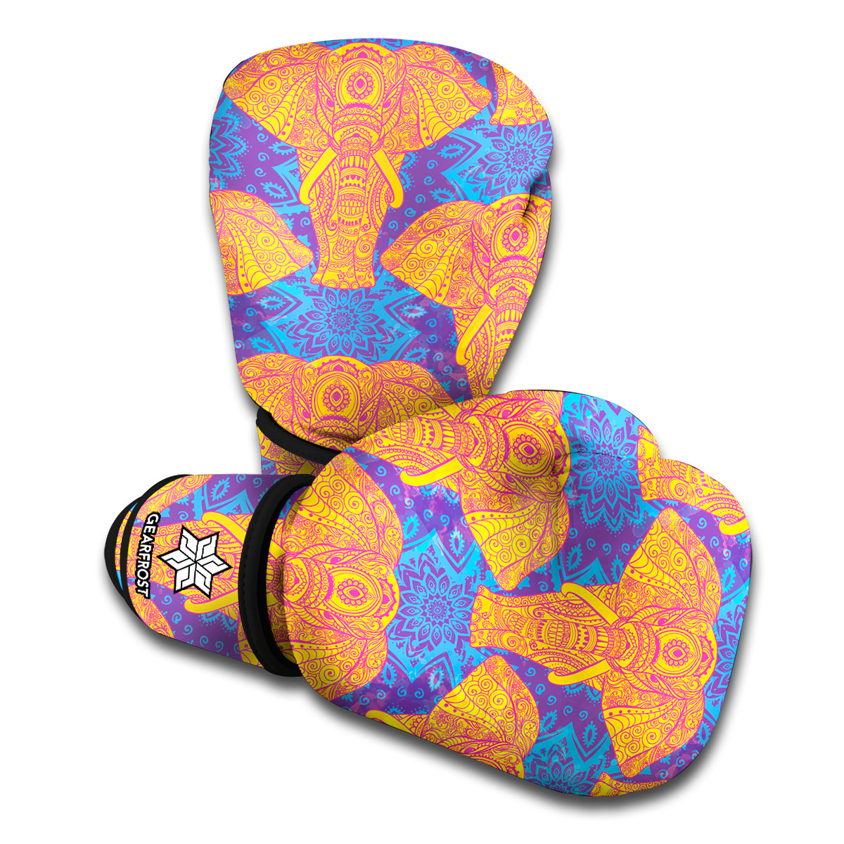 Yellow Mandala Elephant Pattern Print Boxing Gloves
