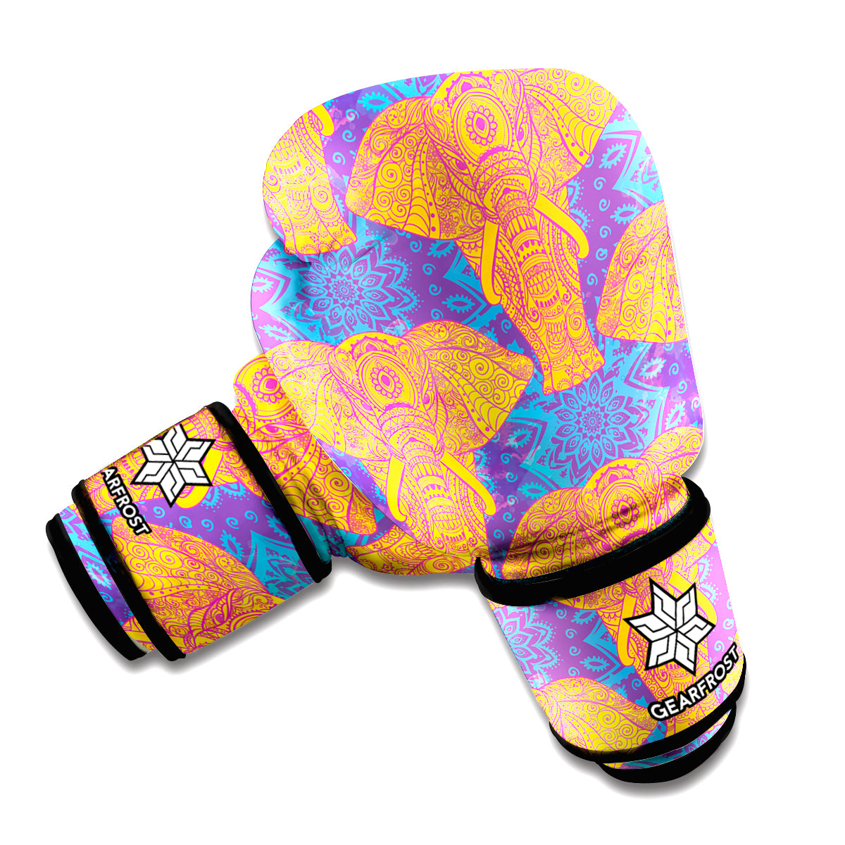 Yellow Mandala Elephant Pattern Print Boxing Gloves