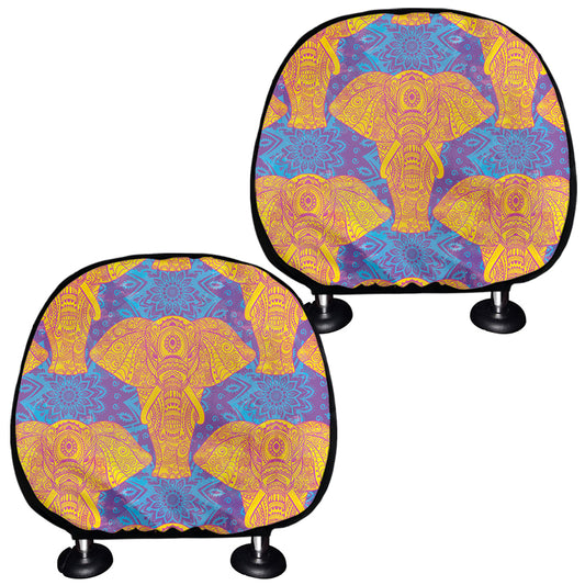 Yellow Mandala Elephant Pattern Print Car Headrest Covers