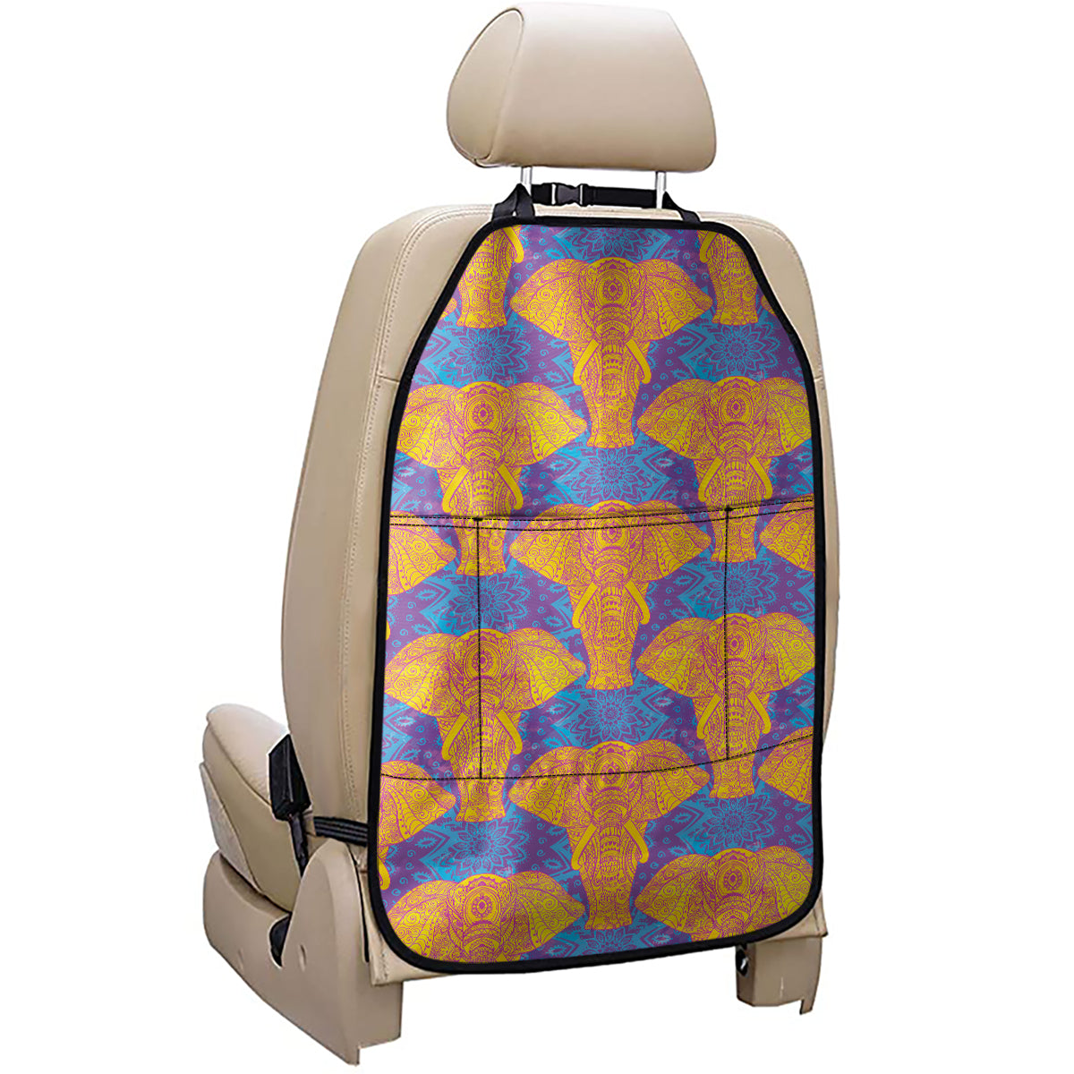 Yellow Mandala Elephant Pattern Print Car Seat Organizers