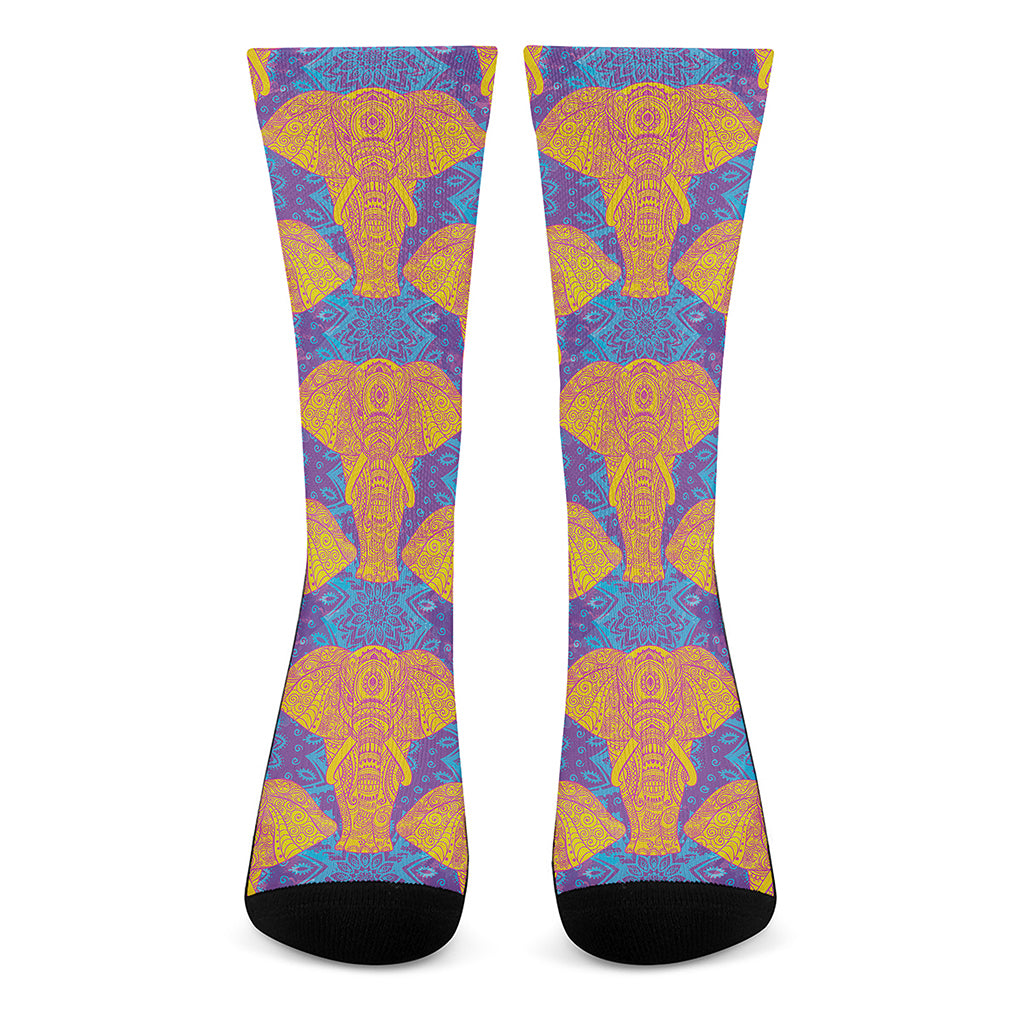 Yellow Mandala Elephant Pattern Print Crew Socks