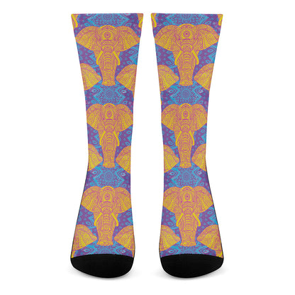 Yellow Mandala Elephant Pattern Print Crew Socks