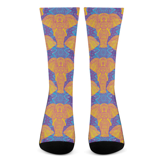 Yellow Mandala Elephant Pattern Print Crew Socks