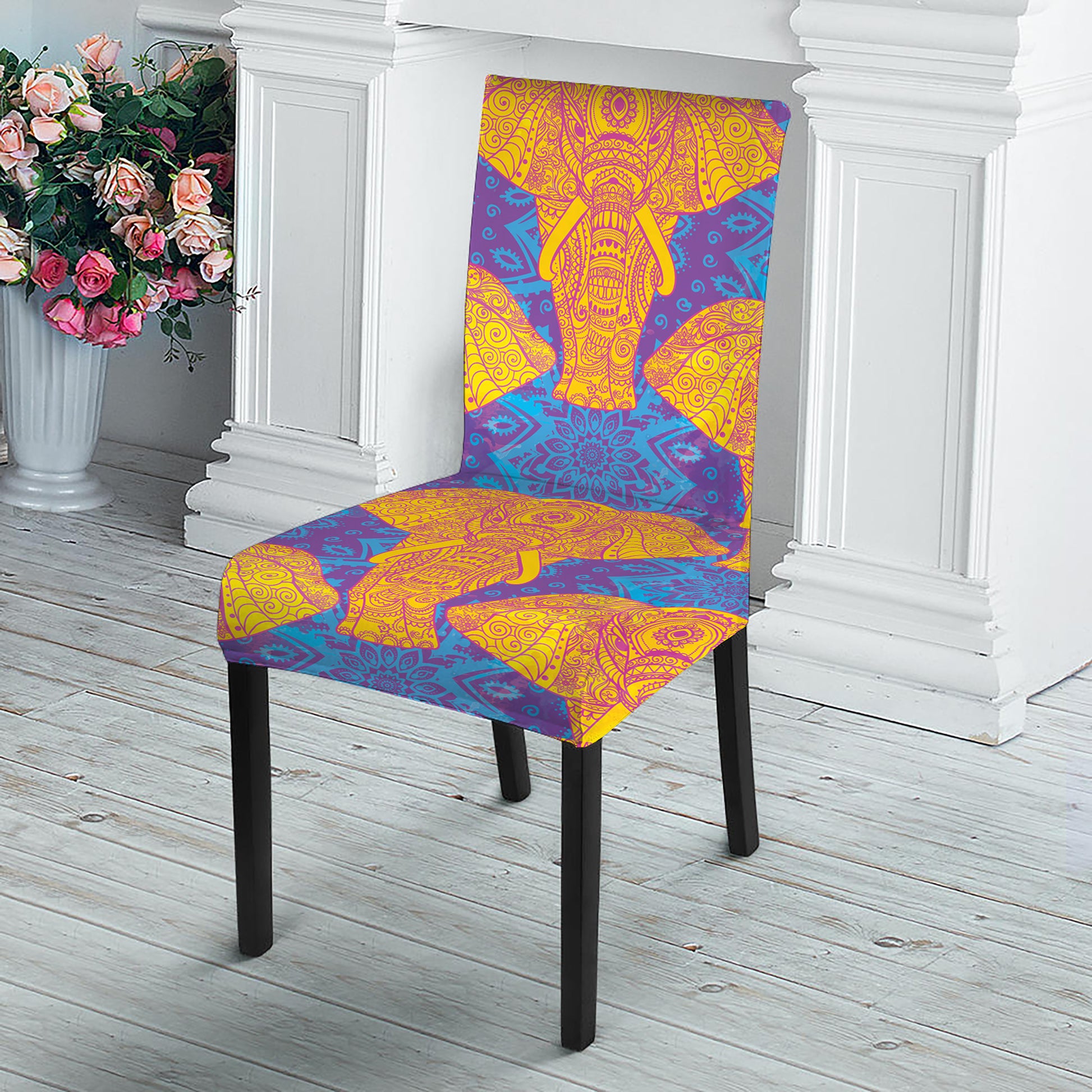 Yellow Mandala Elephant Pattern Print Dining Chair Slipcover