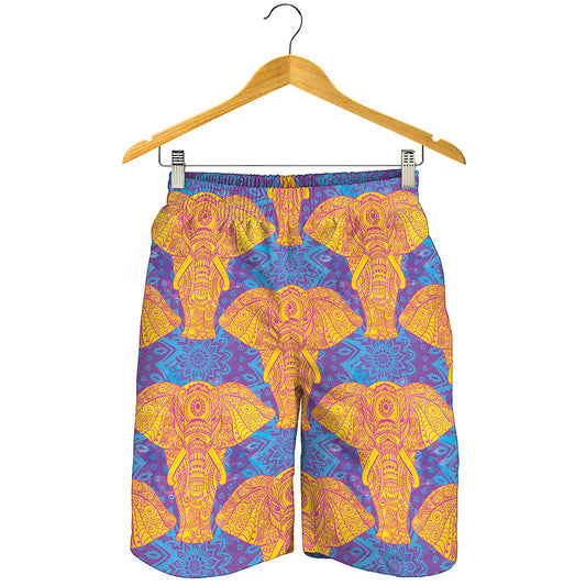 Yellow Mandala Elephant Pattern Print Men's Shorts