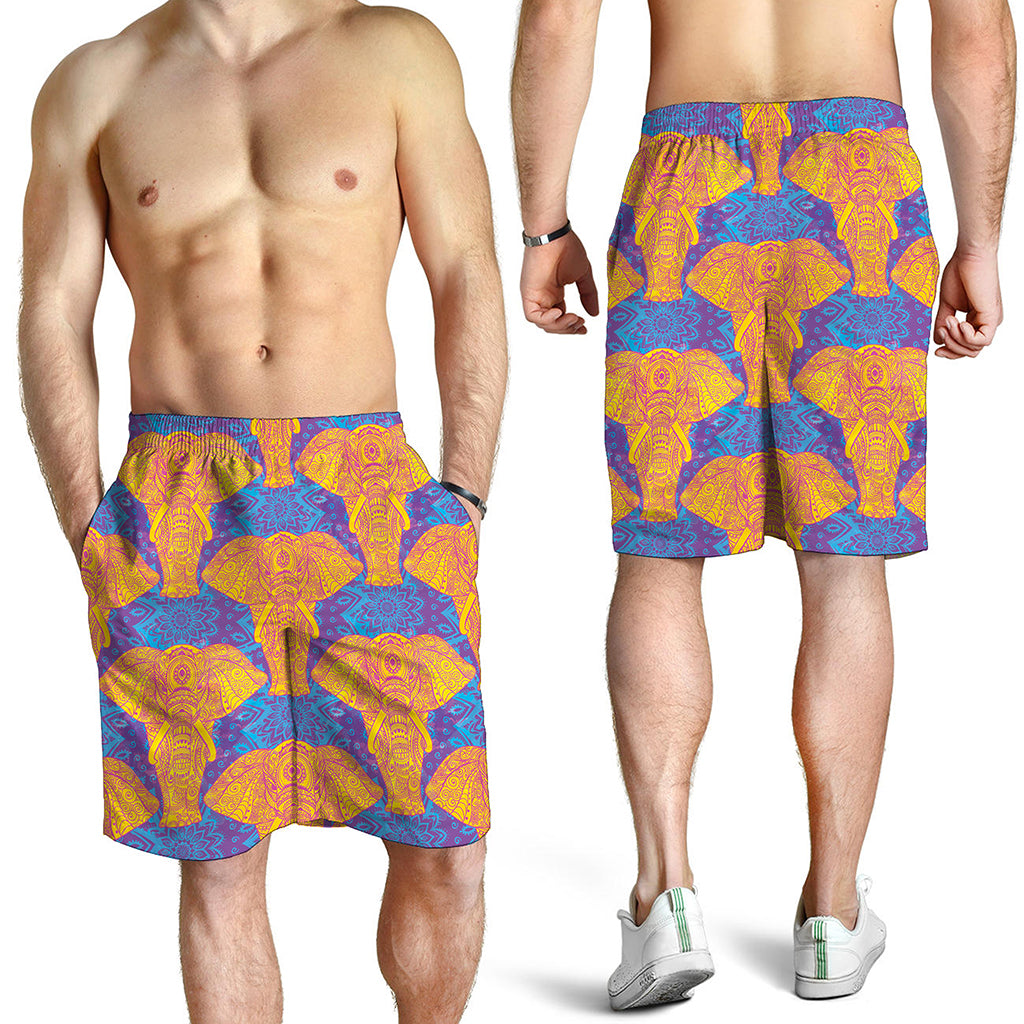 Yellow Mandala Elephant Pattern Print Men's Shorts