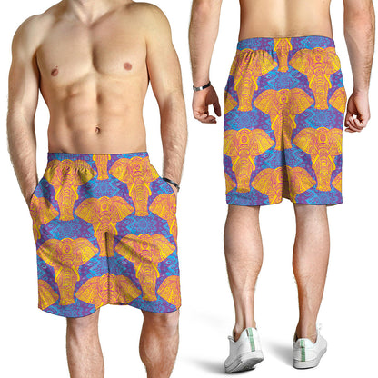 Yellow Mandala Elephant Pattern Print Men's Shorts