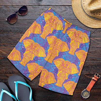 Yellow Mandala Elephant Pattern Print Men's Shorts