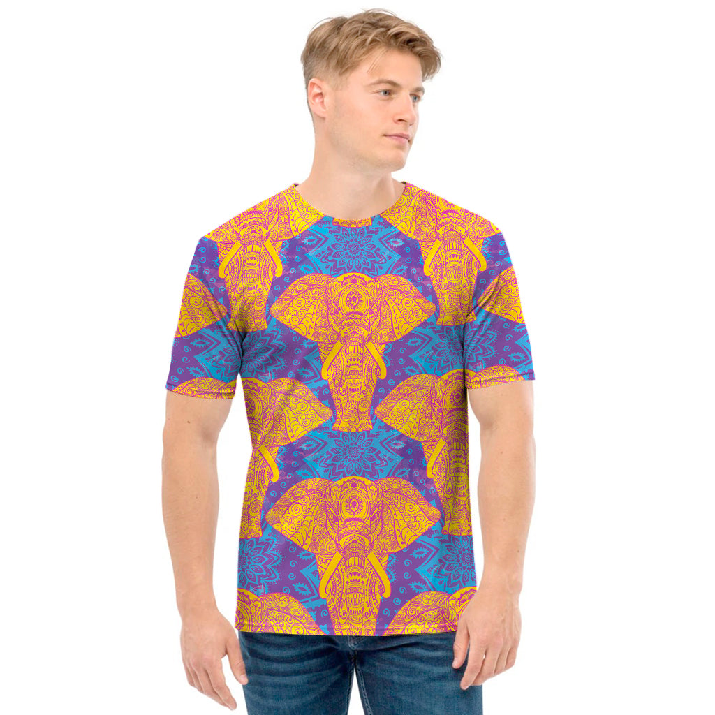 Yellow Mandala Elephant Pattern Print Men's T-Shirt